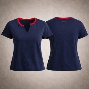 VTG NWT‎ Tommy Jeans Womens XL Navy Blue Red Ringer Split V-Neck T-Shirt